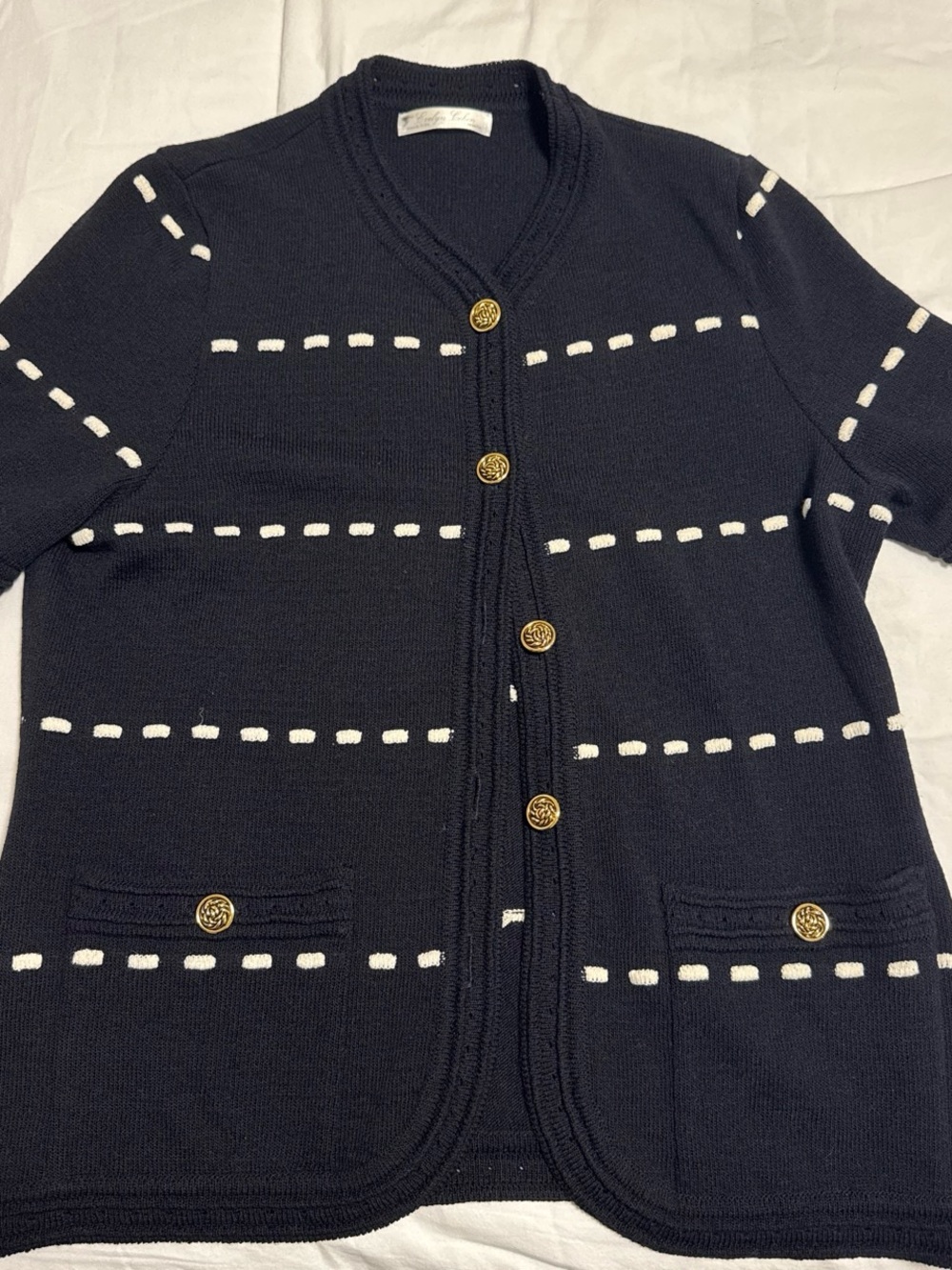 Gold-Button Navy and White Stripe Knit Button-Down Cardigan